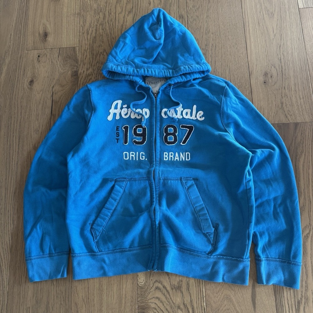 Vintage Aeropostale Full Zip Hoodie Mens XL Blue 1987 NYC Grunge Spellout Y2K
